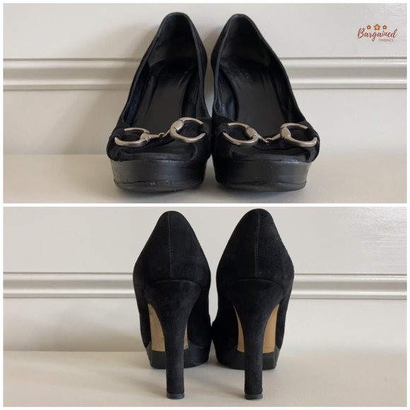 Authentic GUCCI Black Suede Leather Horsebit Peep-Toe Platform Pumps 36C/6C - Picture 6 of 13